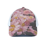 Pink Flowers Print White Mesh Trucker Cap