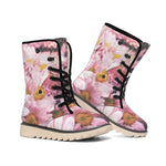 Pink Flowers Print Winter Boots