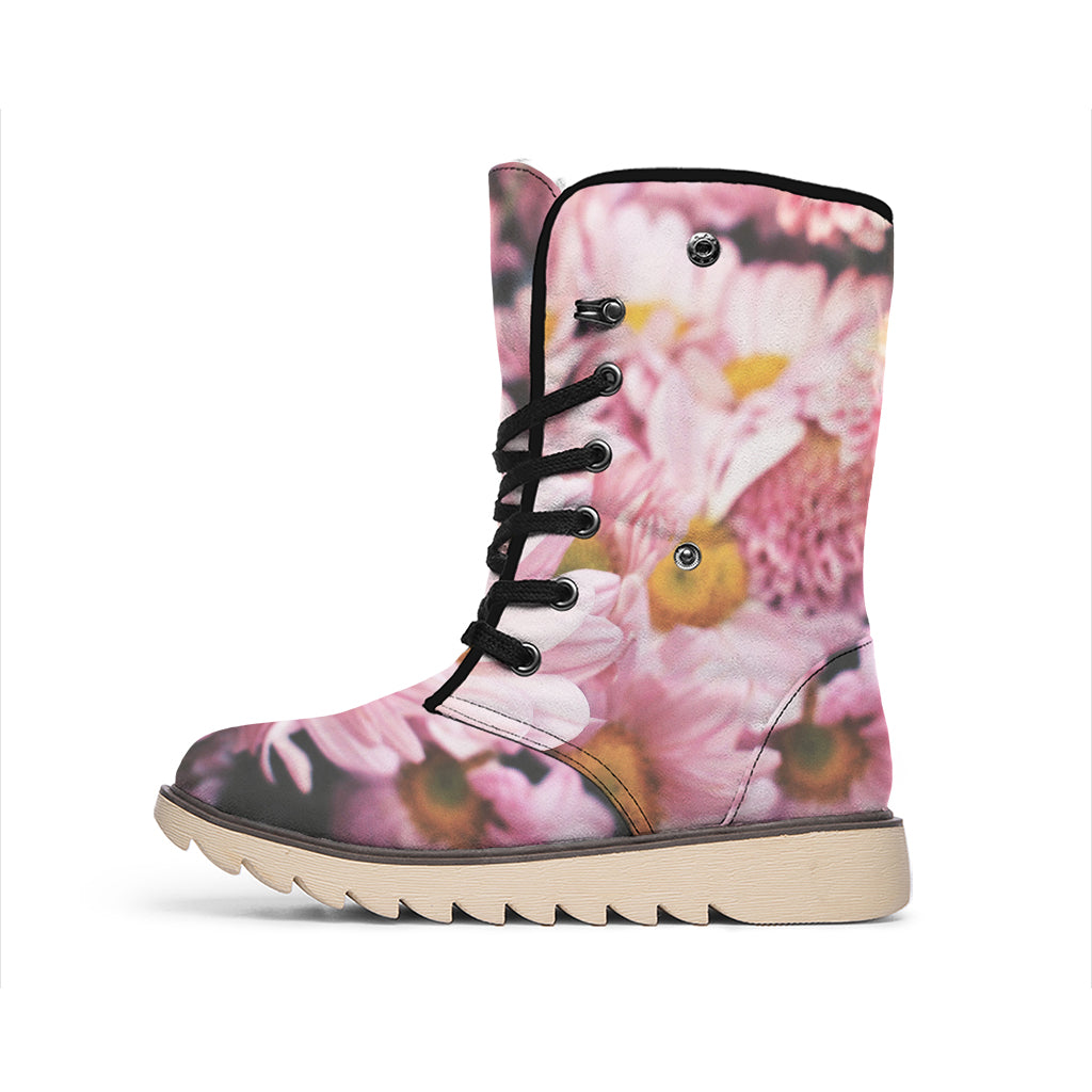 Pink Flowers Print Winter Boots