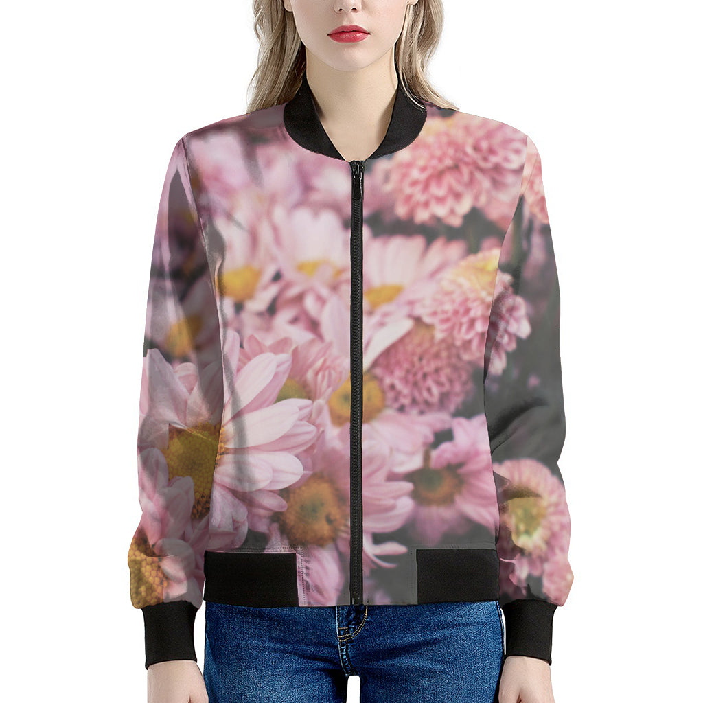 Pink Flowers Print Women's Bomber Jacket