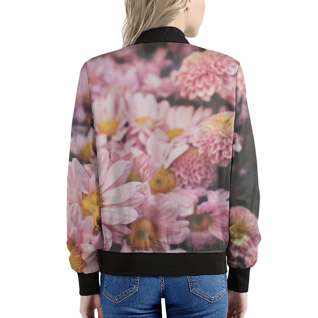 Pink Flowers Print Women's Bomber Jacket