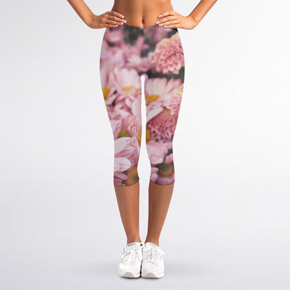 Pink Flowers Print Women's Capri Leggings