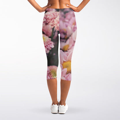 Pink Flowers Print Women's Capri Leggings