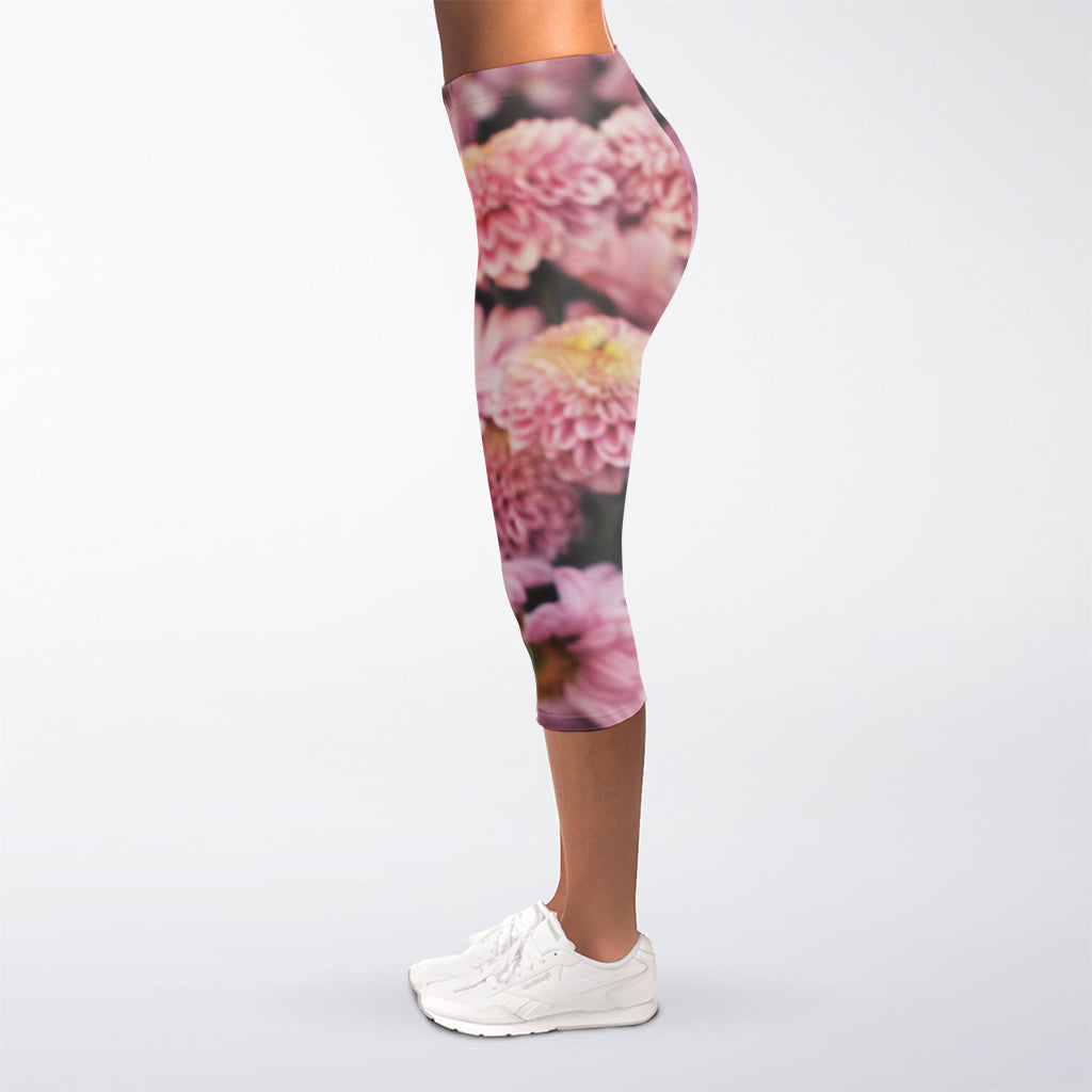 Pink Flowers Print Women's Capri Leggings