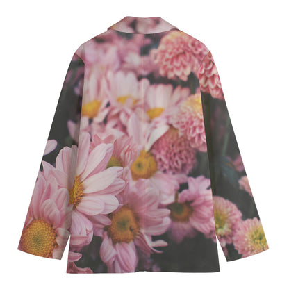 Pink Flowers Print Women's Cotton Blazer