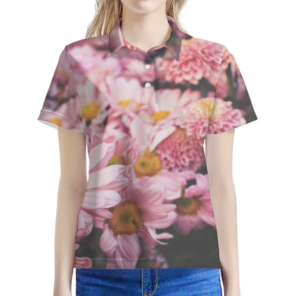 Pink Flowers Print Women's Polo Shirt