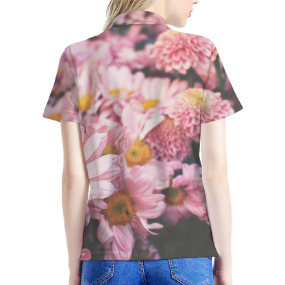 Pink Flowers Print Women's Polo Shirt
