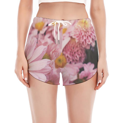 Pink Flowers Print Women's Split Running Shorts