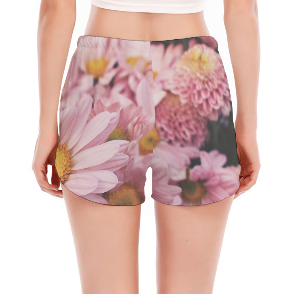 Pink Flowers Print Women's Split Running Shorts