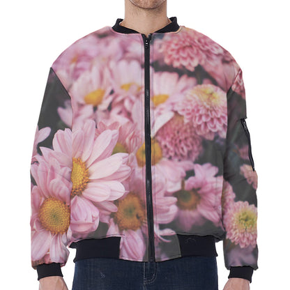 Pink Flowers Print Zip Sleeve Bomber Jacket