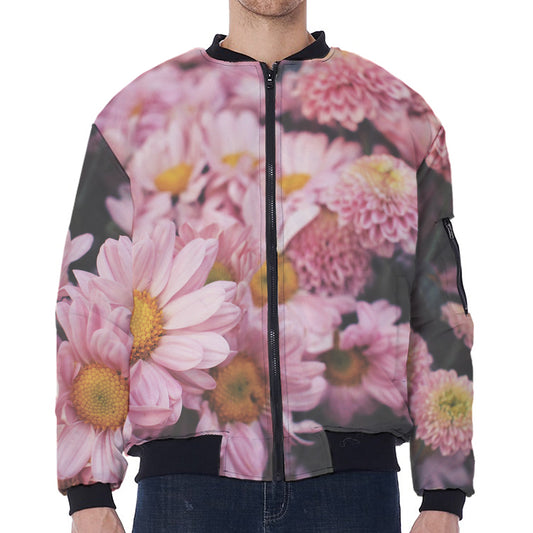 Pink Flowers Print Zip Sleeve Bomber Jacket