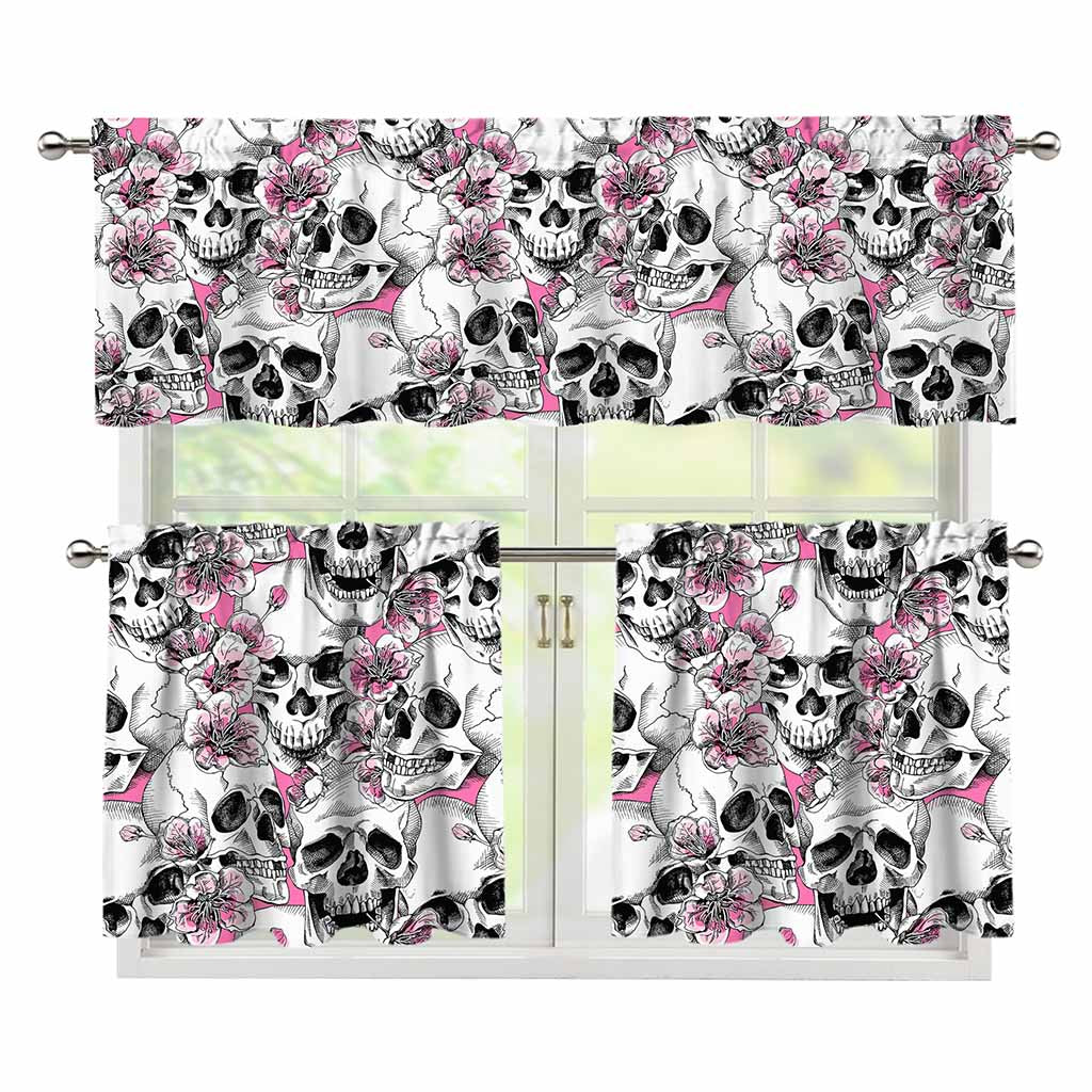 Pink Flowers Skull Pattern Print 3 Piece Kitchen Curtains