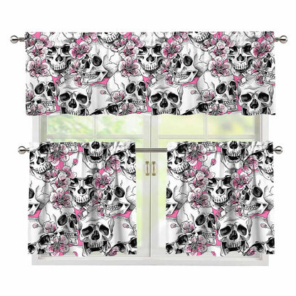 Pink Flowers Skull Pattern Print 3 Piece Kitchen Curtains