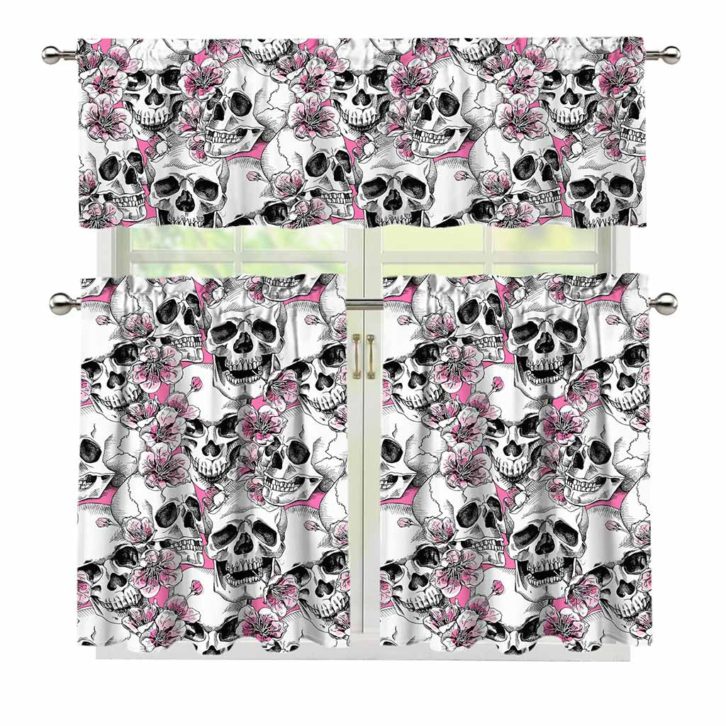 Pink Flowers Skull Pattern Print 3 Piece Kitchen Curtains