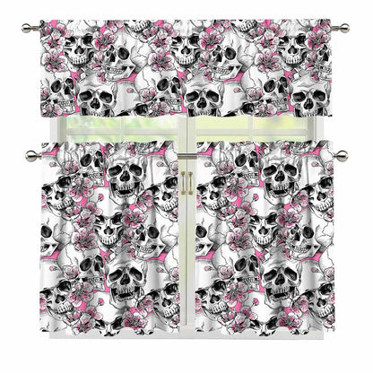 Pink Flowers Skull Pattern Print 3 Piece Kitchen Curtains