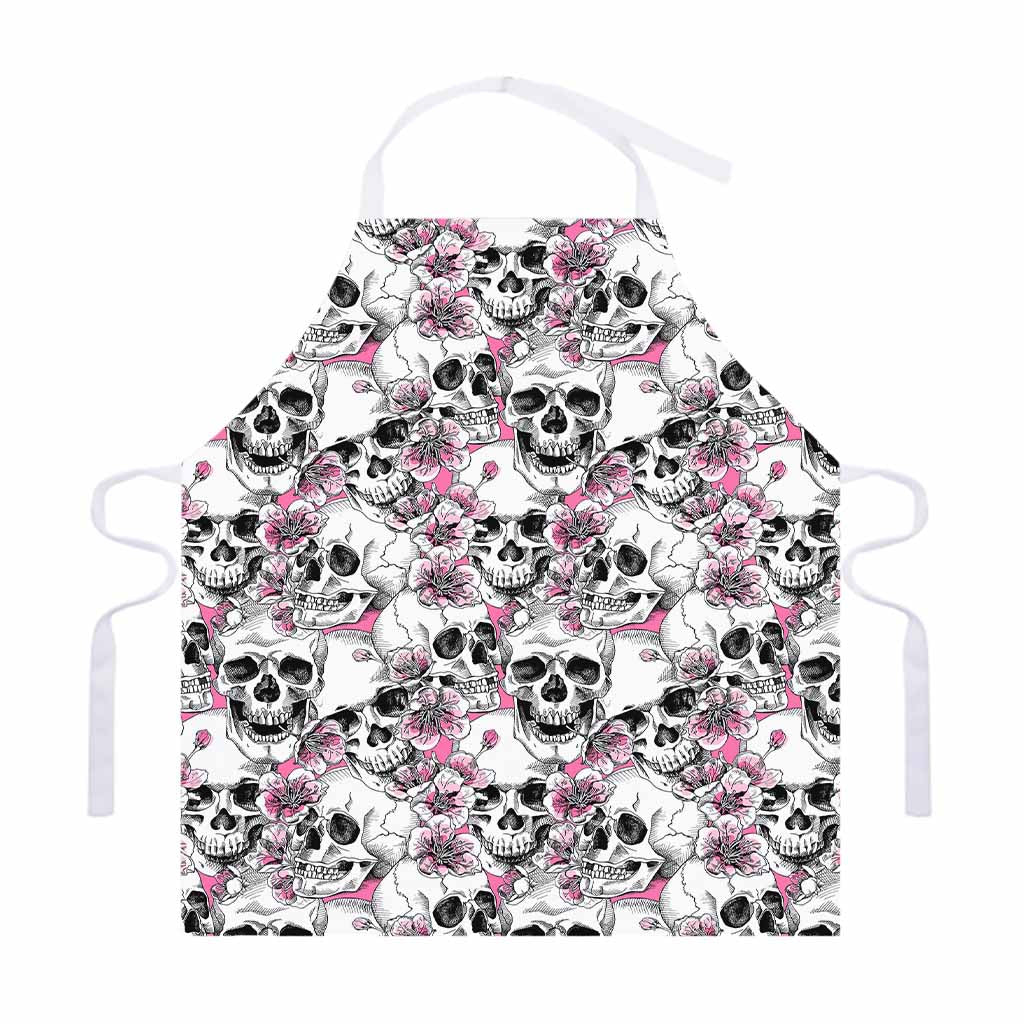 Pink Flowers Skull Pattern Print Adjustable Apron