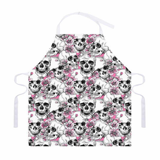 Pink Flowers Skull Pattern Print Adjustable Apron