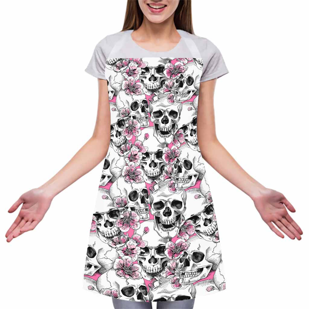 Pink Flowers Skull Pattern Print Adjustable Apron