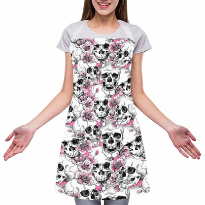 Pink Flowers Skull Pattern Print Adjustable Apron