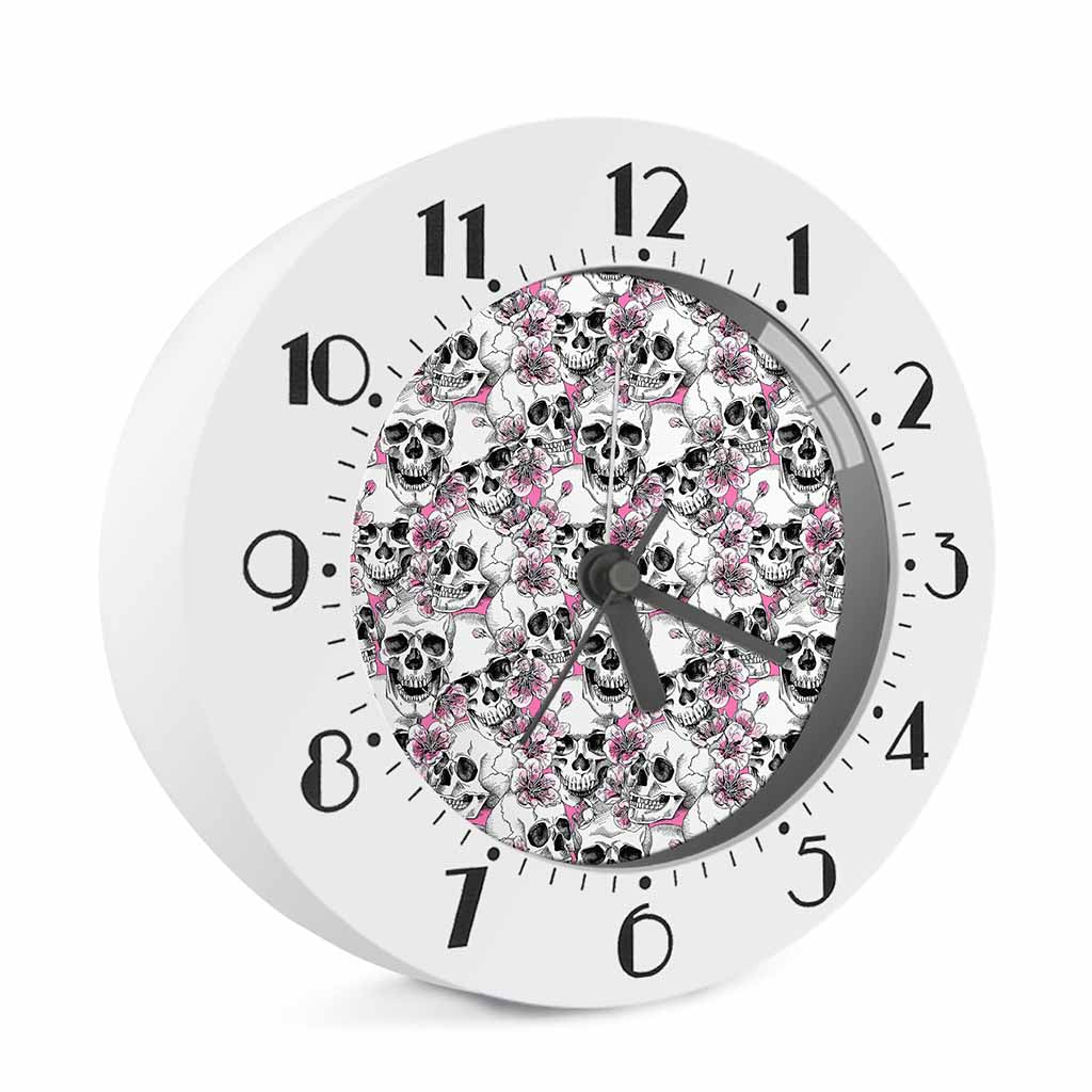 Pink Flowers Skull Pattern Print Alarm Clock