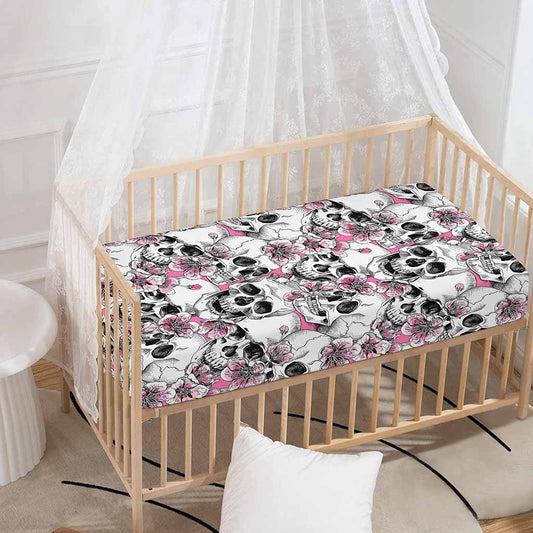 Pink Flowers Skull Pattern Print Baby Crib Sheet
