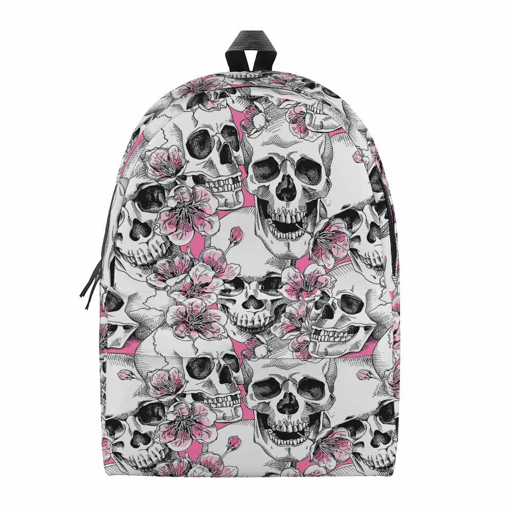Pink Flowers Skull Pattern Print Backpack