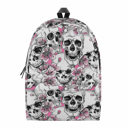 Pink Flowers Skull Pattern Print Backpack