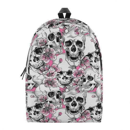 Pink Flowers Skull Pattern Print Backpack