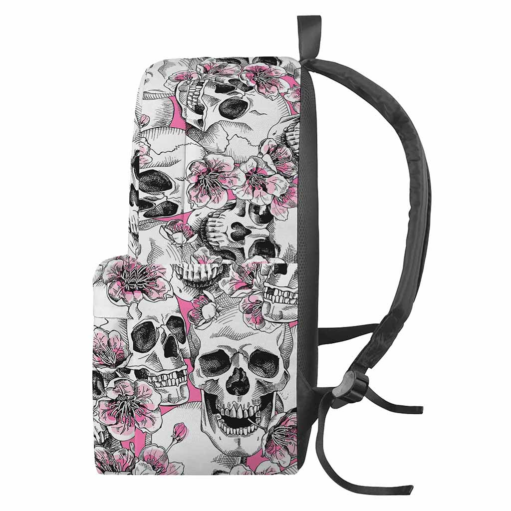 Pink Flowers Skull Pattern Print Backpack