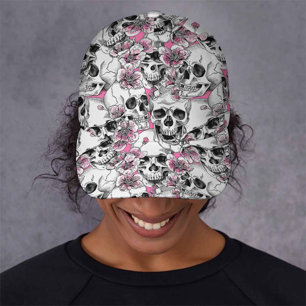Pink Flowers Skull Pattern Print Baseball Cap