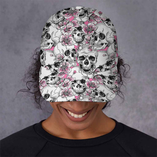 Pink Flowers Skull Pattern Print Baseball Cap