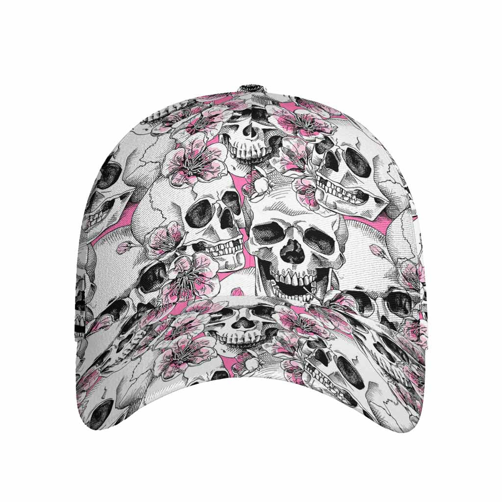Pink Flowers Skull Pattern Print Baseball Cap