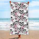 Pink Flowers Skull Pattern Print Beach Towel