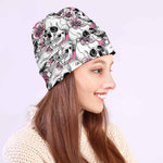 Pink Flowers Skull Pattern Print Beanie
