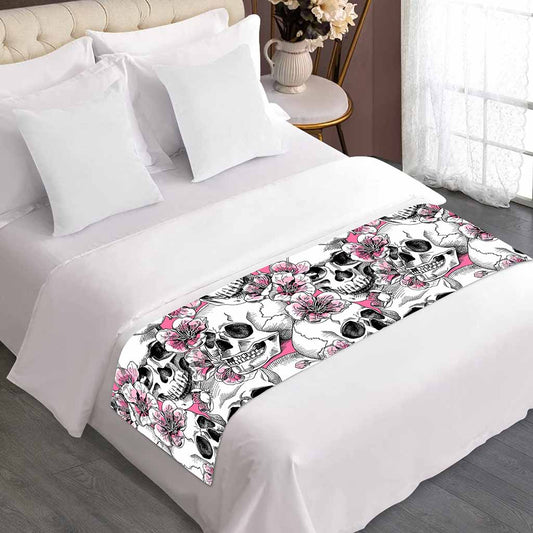 Pink Flowers Skull Pattern Print Bed Runner