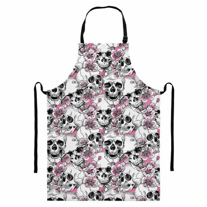 Pink Flowers Skull Pattern Print Bib Apron With Pocket
