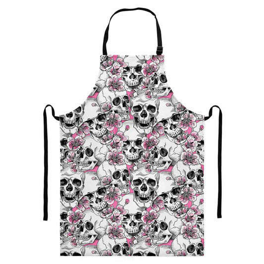 Pink Flowers Skull Pattern Print Bib Apron With Pocket