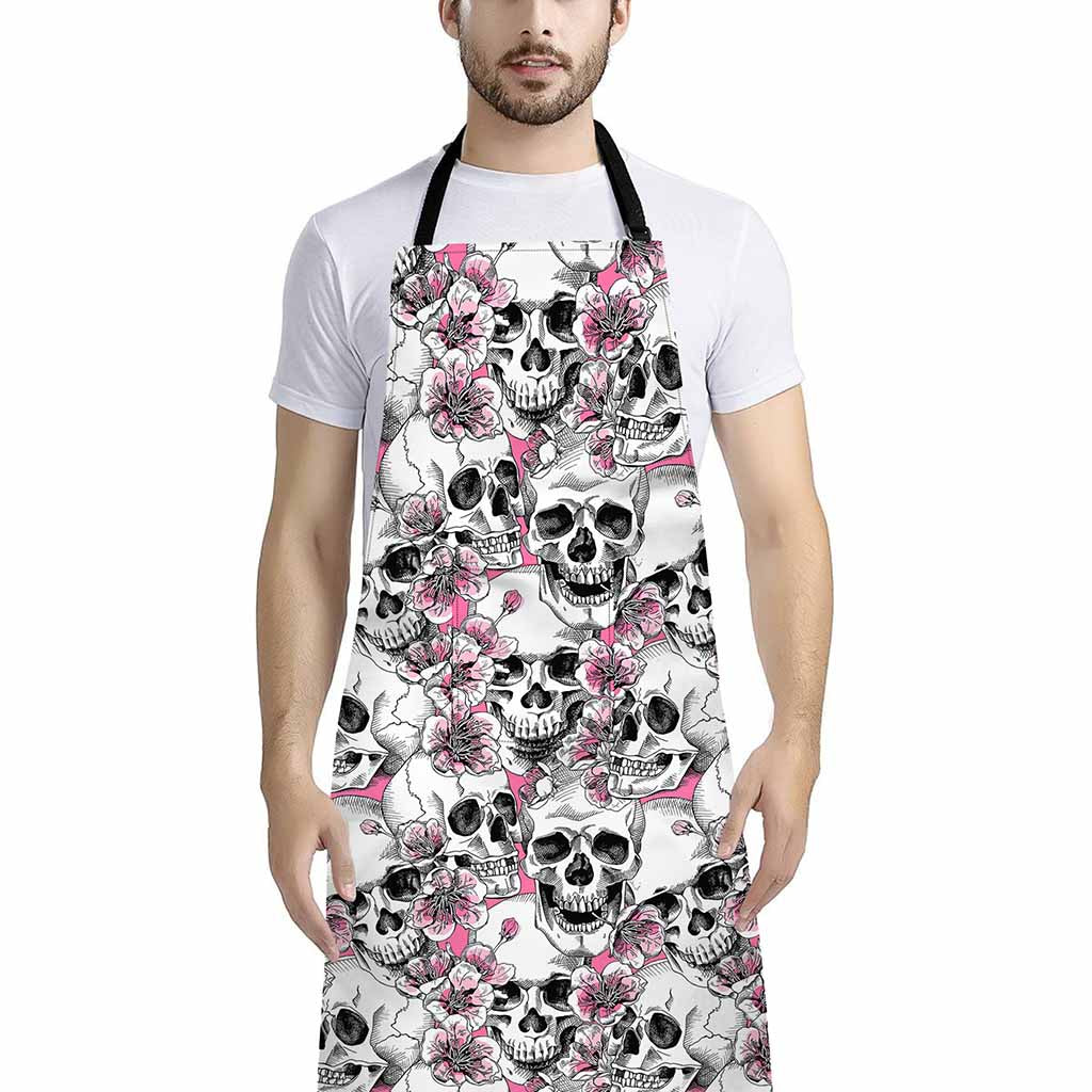 Pink Flowers Skull Pattern Print Bib Apron With Pocket