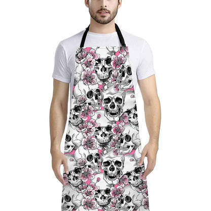 Pink Flowers Skull Pattern Print Bib Apron With Pocket