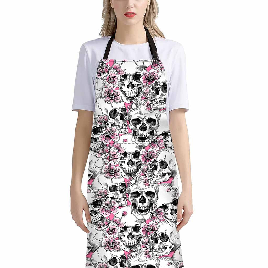 Pink Flowers Skull Pattern Print Bib Apron With Pocket