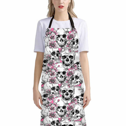 Pink Flowers Skull Pattern Print Bib Apron With Pocket