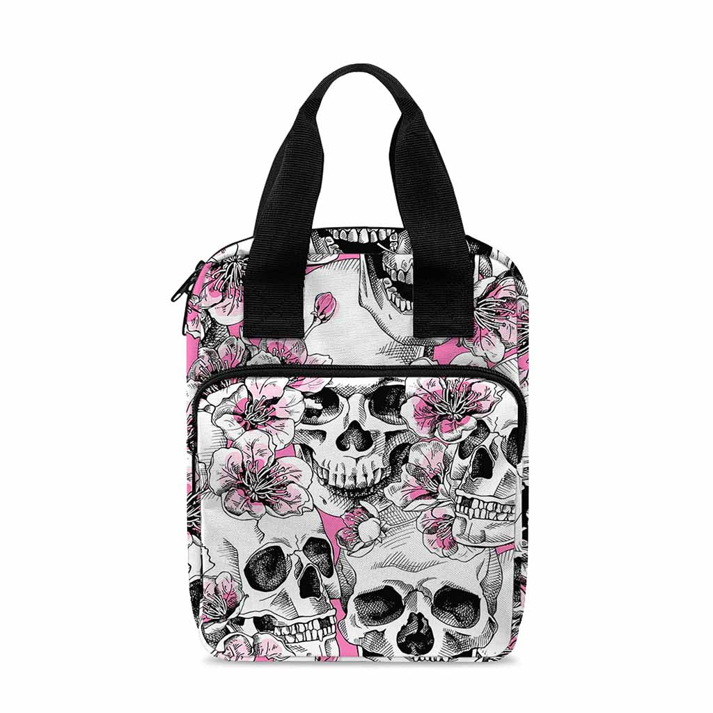 Pink Flowers Skull Pattern Print Bible Tote Bag
