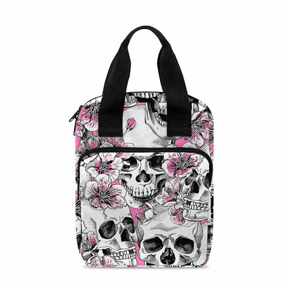 Pink Flowers Skull Pattern Print Bible Tote Bag