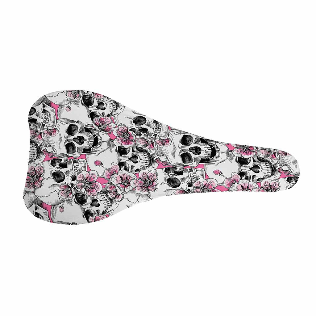 Pink Flowers Skull Pattern Print Bicycle Seat Cover