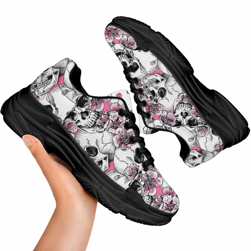 Pink Flowers Skull Pattern Print Black Chunky Shoes