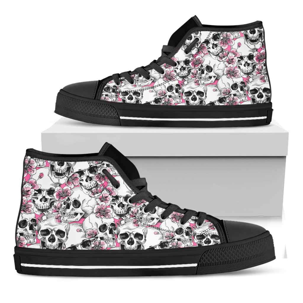 Pink Flowers Skull Pattern Print Black High Top Sneakers