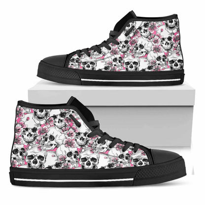 Pink Flowers Skull Pattern Print Black High Top Sneakers