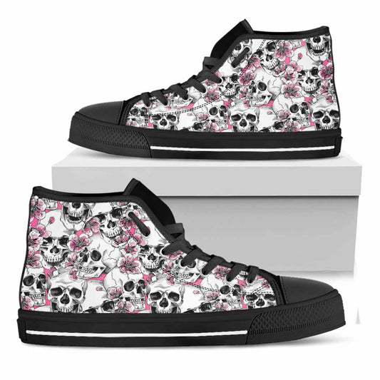 Pink Flowers Skull Pattern Print Black High Top Sneakers