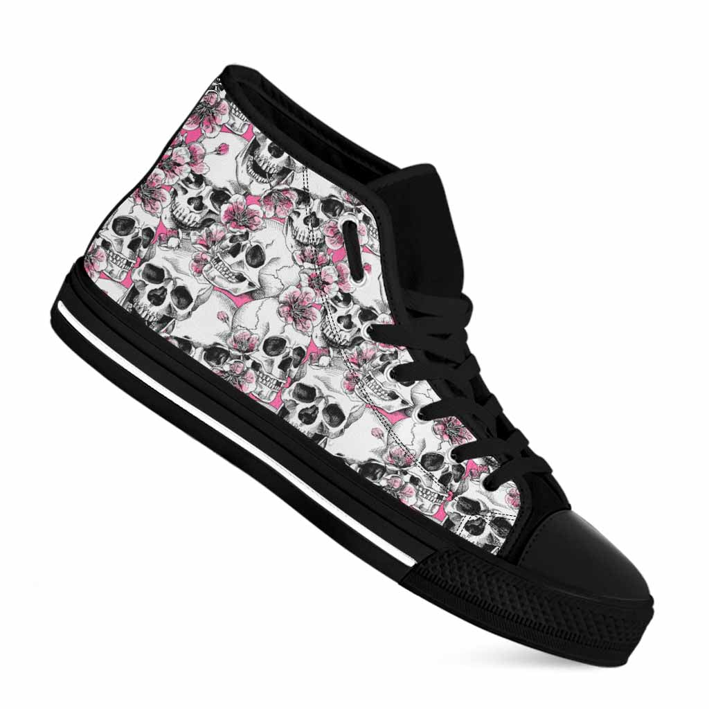 Pink Flowers Skull Pattern Print Black High Top Sneakers