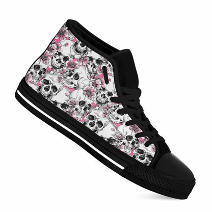 Pink Flowers Skull Pattern Print Black High Top Sneakers